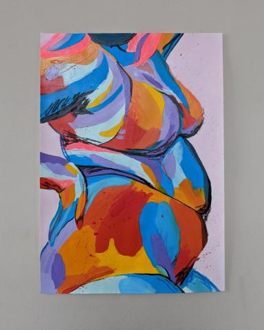 A photo of a brightly coloured acrylic painting named 'Ruby' of a fat & gorgeous person feeling great, cropped so it includes only her body and upper thighs.